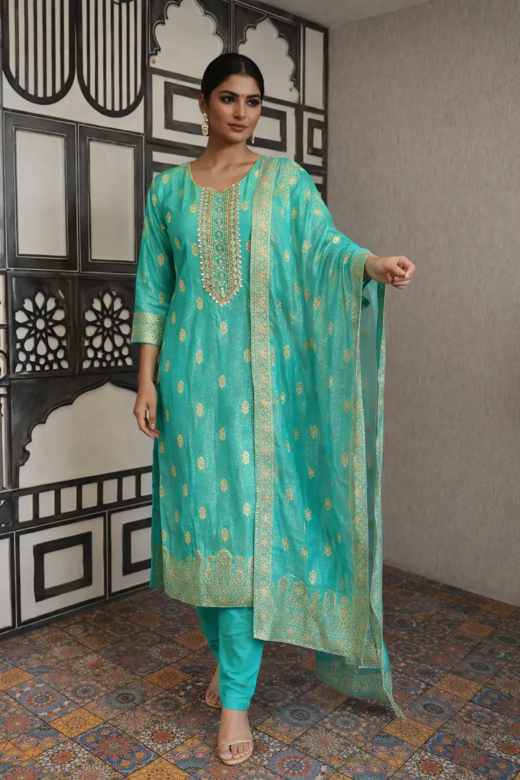 Turquoise Embroidered Kurta Set with Dupatta